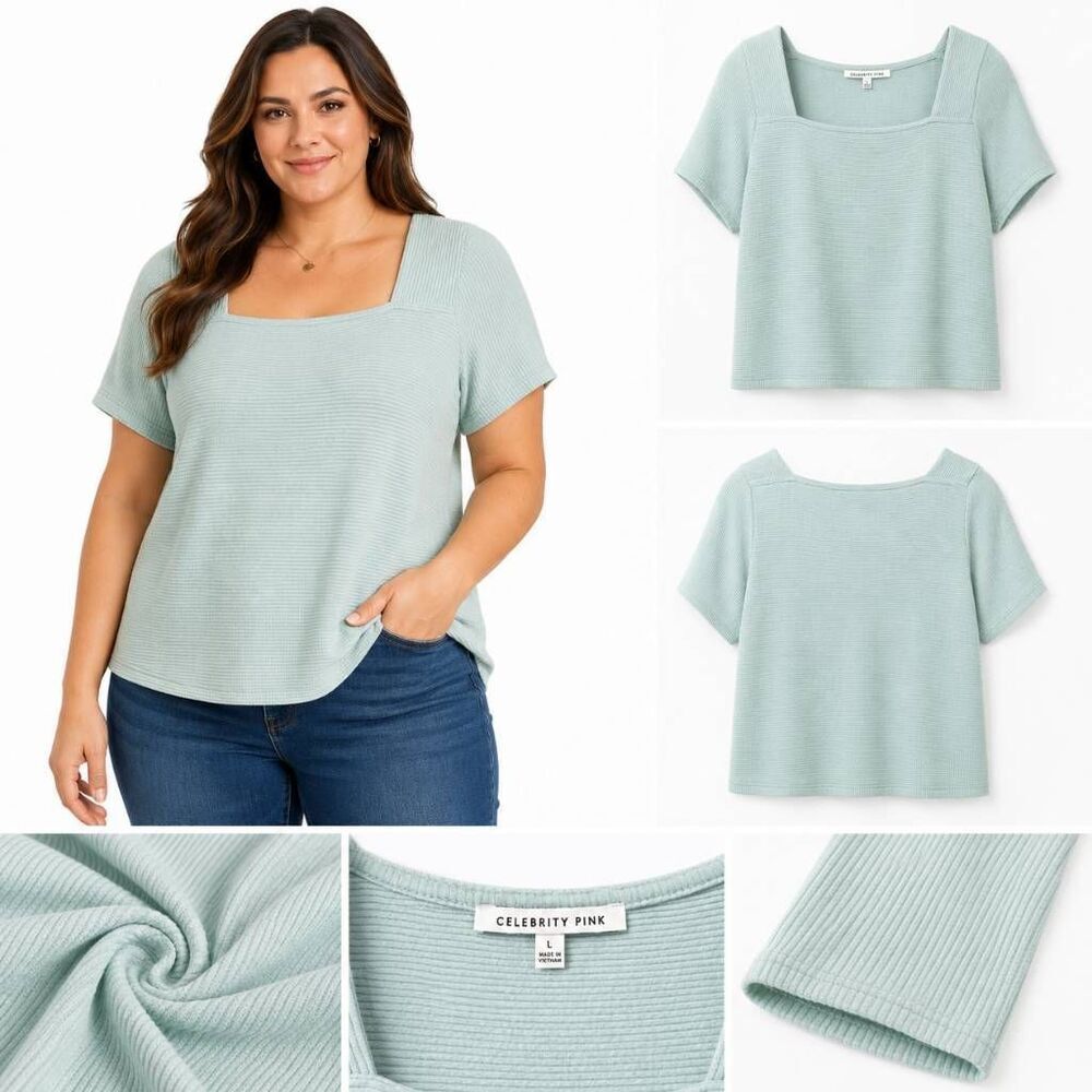 Celebrity Pink Mint Ribbed Square Neck Top Large